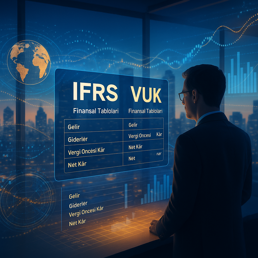 Modern finans ofisinde, holografik ekranlarda IFRS ve VUK karşılaştırması yapan profesyonel.